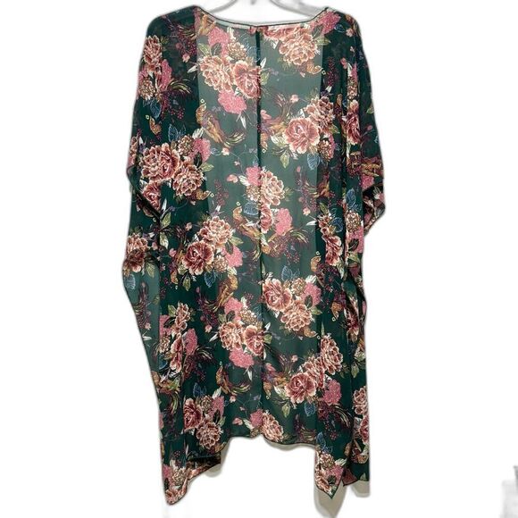 Xhilaration Kimono Green & Pink Floral Bird Sheer Long Split Sides Women sz XS/S - Picture 8 of 8